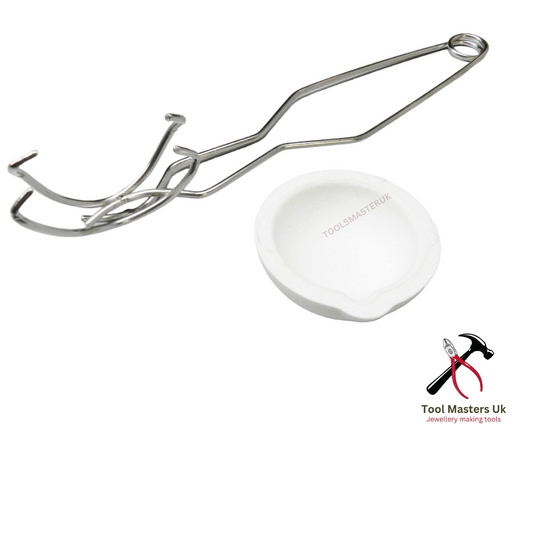 Melting and casting starter kit with a ceramic crucible on a whip handle, long flask tongs and brass pickling tongs