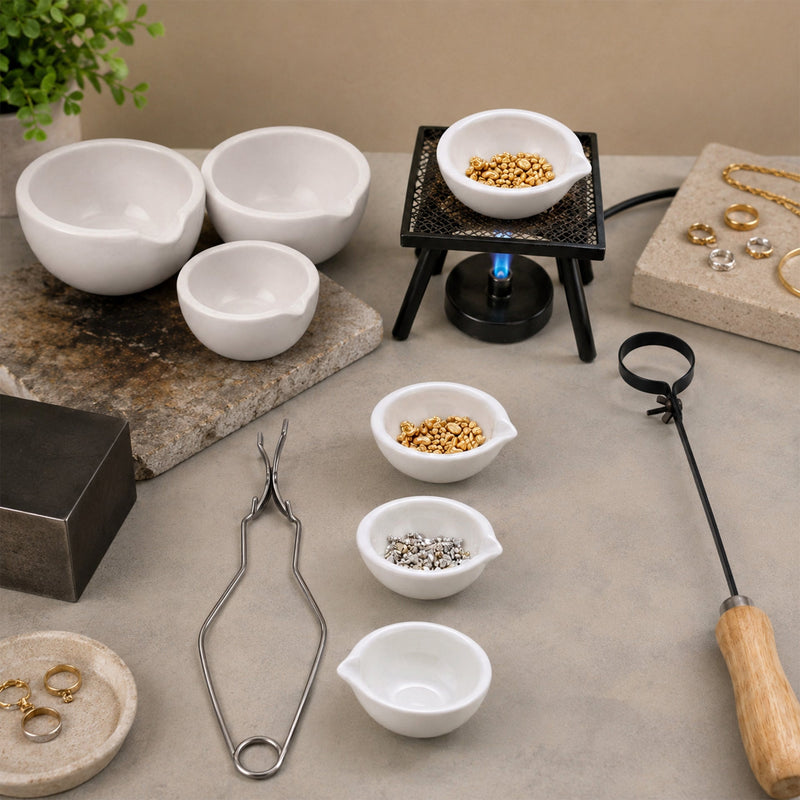 Ceramic melting crucibles, tongs and burner
