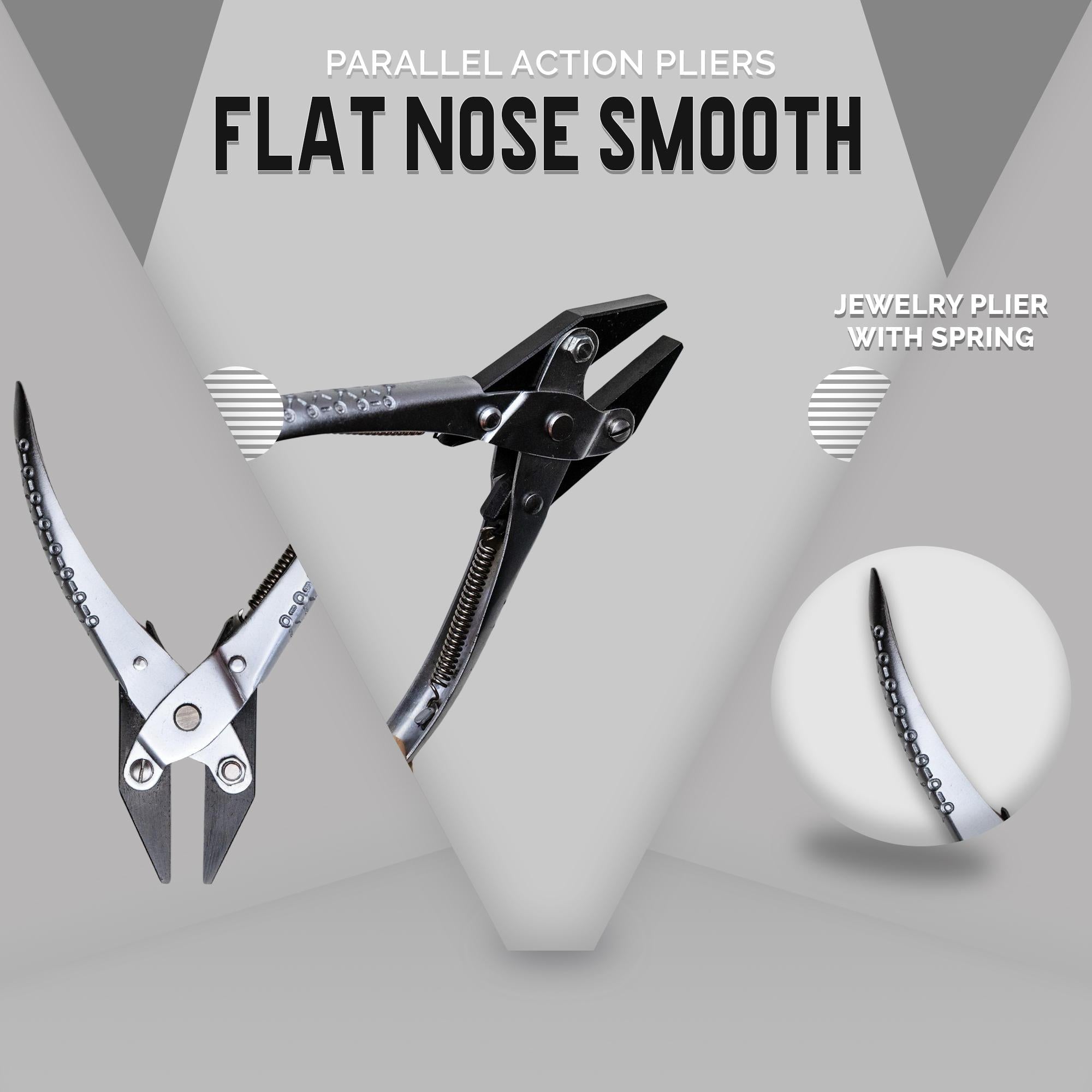 140mm flat nose parallel action pliers with smooth jaws for jewelry work.

