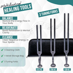 Gardiner Brown Tuning Fork set of 3, 128, 256, 512 Hz Brushed Steel healing & Medical