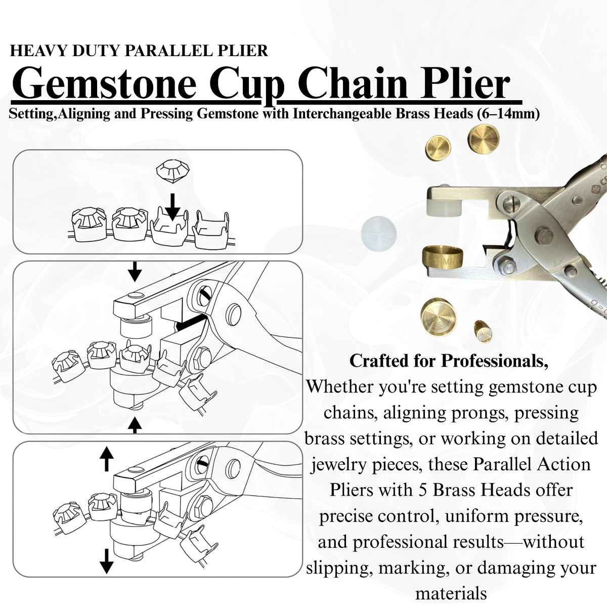 Parallel action pliers set with 5 brass heads for various gemstone cup chain sizes.

