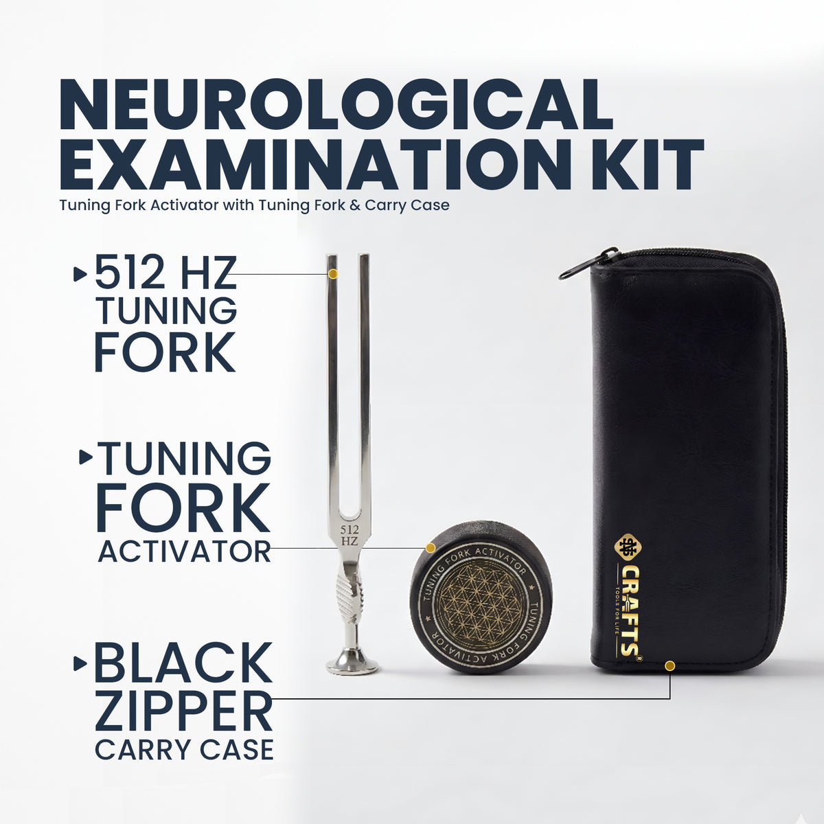 512 Hz Gardiner Brown medical tuning fork kit with reflex hammer, leather case and activator – image 3
