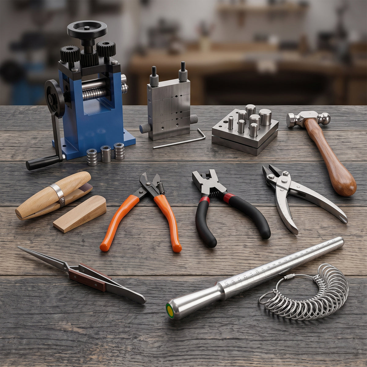 Jewellery making tools and equipment on a workbench – rolling mill, draw plate, disc cutter, chasing hammer, pliers, ring mandrel and ring sizer