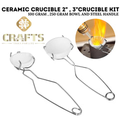 Whip Tong Handle + Ceramic Crucible Dish for Melting Gold, Silver, Copper 2 & 3"