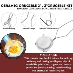 Whip Tong Handle + Ceramic Crucible Dish for Melting Gold, Silver, Copper 2 & 3"