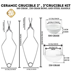 Whip Tong Handle + Ceramic Crucible Dish for Melting Gold, Silver, Copper 2 & 3"