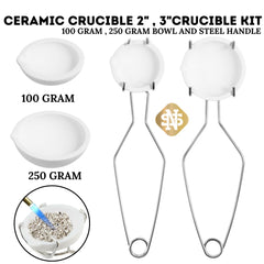 Whip Tong Handle + Ceramic Crucible Dish for Melting Gold, Silver, Copper 2 & 3"