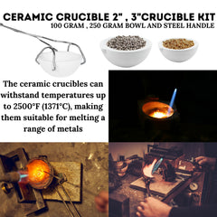 Whip Tong Handle + Ceramic Crucible Dish for Melting Gold, Silver, Copper 2 & 3"