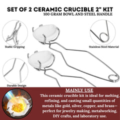 2x Melting Ceramic Crucibles + Whip Tongs Handle 2" Melting Gold silver copper