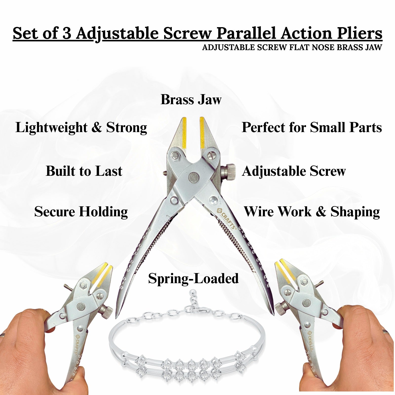 Adjustable flat nose parallel pliers with brass and nylon jaws for crafts.


