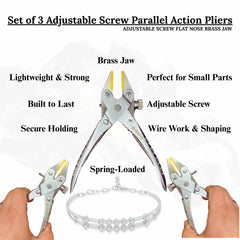 Adjustable flat nose parallel pliers with brass and nylon jaws for crafts.

