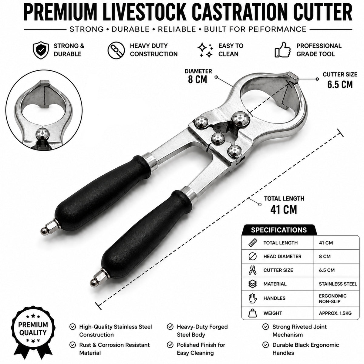 Large 41cm bloodless castration forceps – view 4