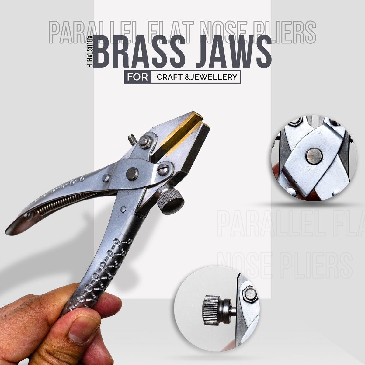 Jewelry pliers with flat nose and brass-lined parallel action jaws.

