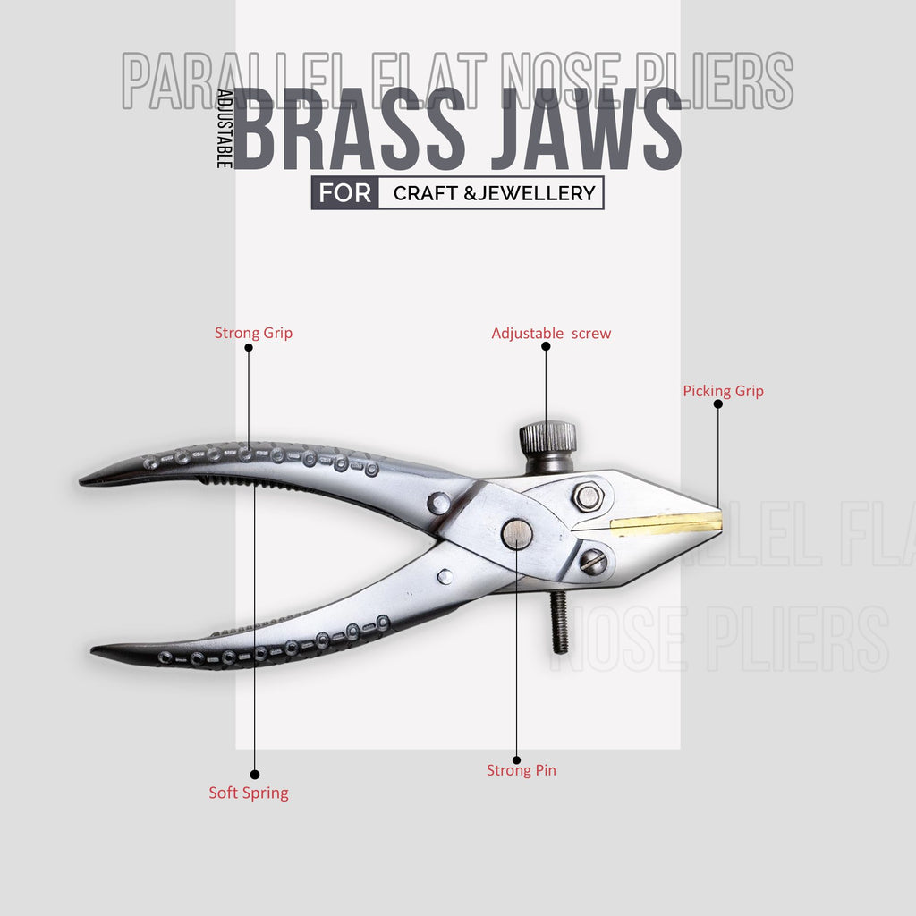 Parallel action flat nose pliers with brass-lined jaws for jewelry making.

