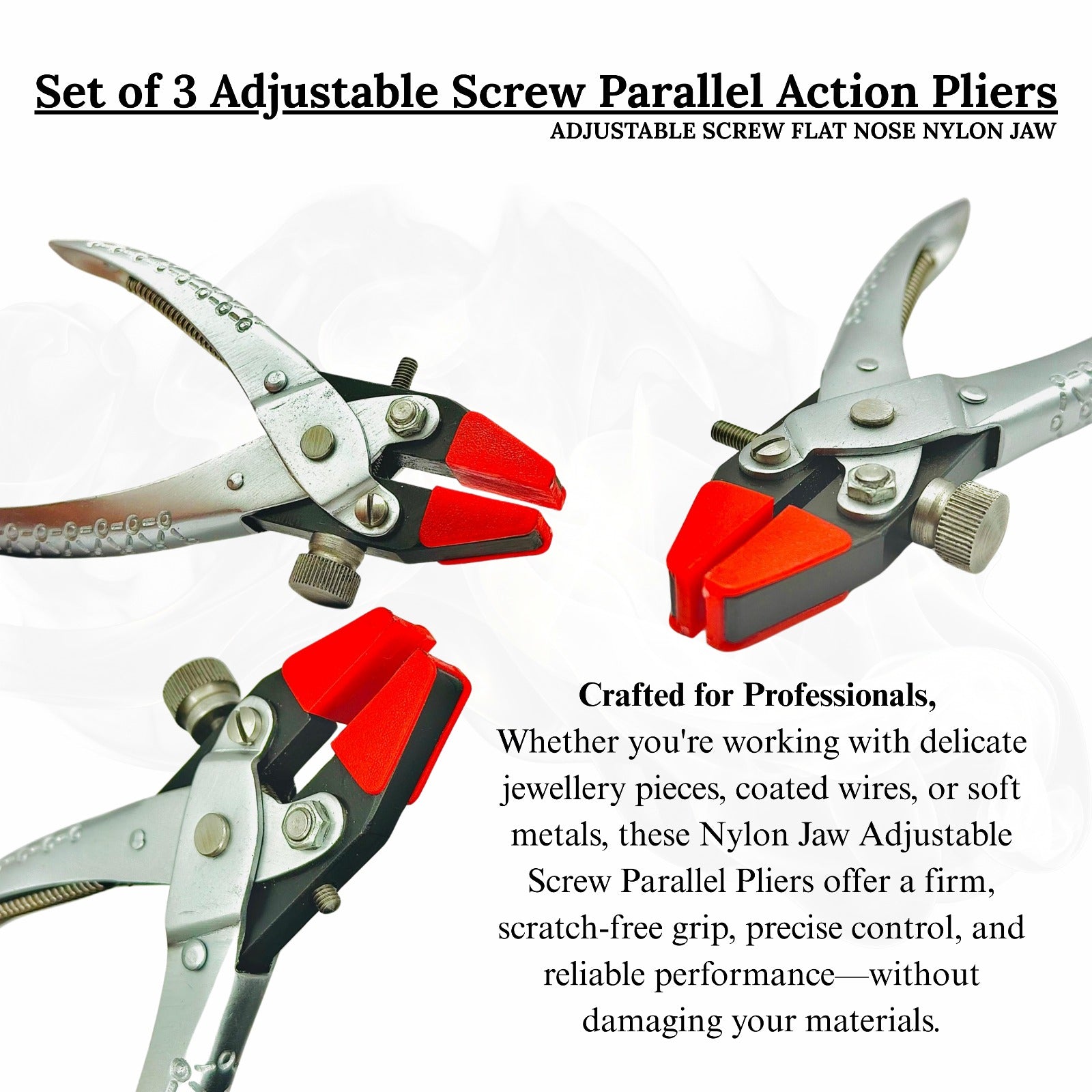 Flat nose parallel pliers with brass and nylon jaws designed for jewelry.

