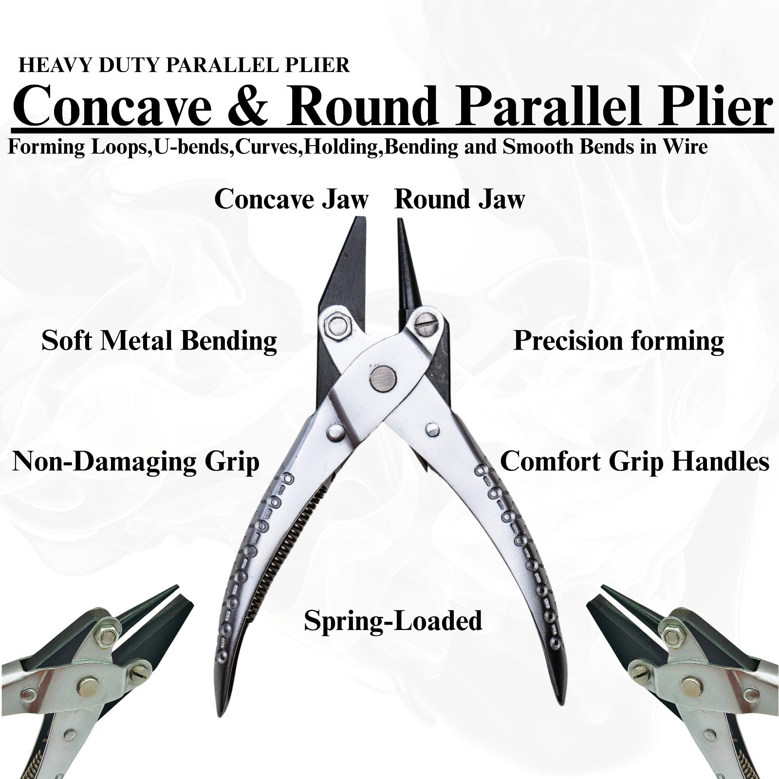 Close-up of plier jaws showing concave and round tips

