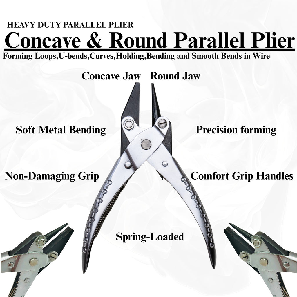 Close-up of plier jaws showing concave and round tips

