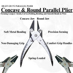 Close-up of plier jaws showing concave and round tips

