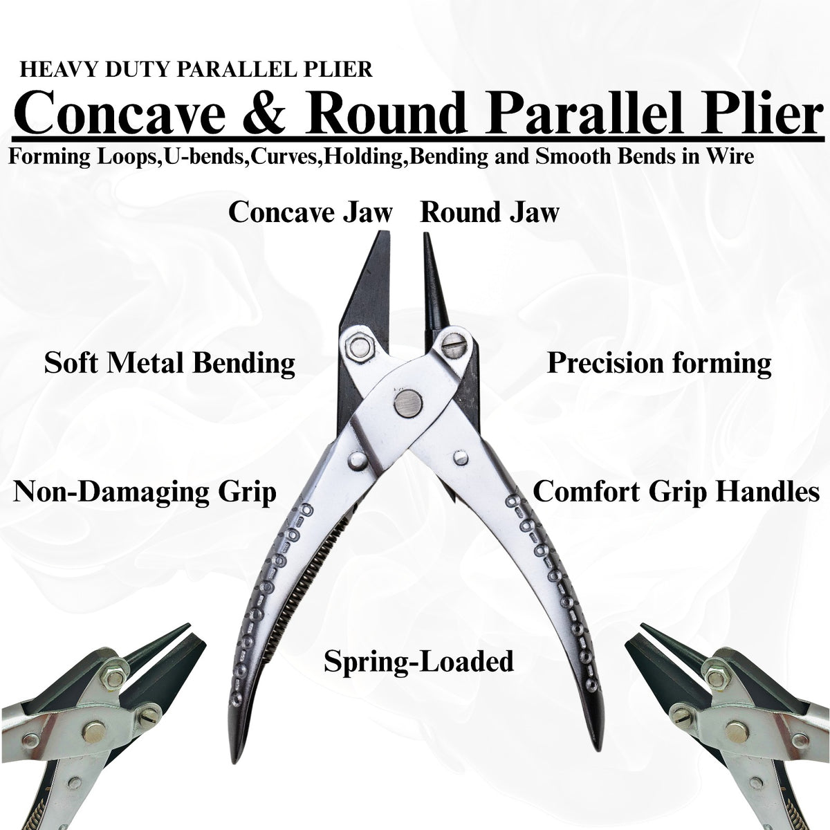 Close-up of plier jaws showing concave and round tips

