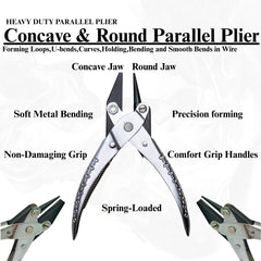 Close-up of plier jaws showing concave and round tips

