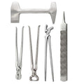 5 piece farrier hoof trimming kit with nippers, nail puller, clincher, clinch cutter and rasp