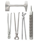 5 piece farrier hoof trimming kit with nippers, nail puller, clincher, clinch cutter and rasp