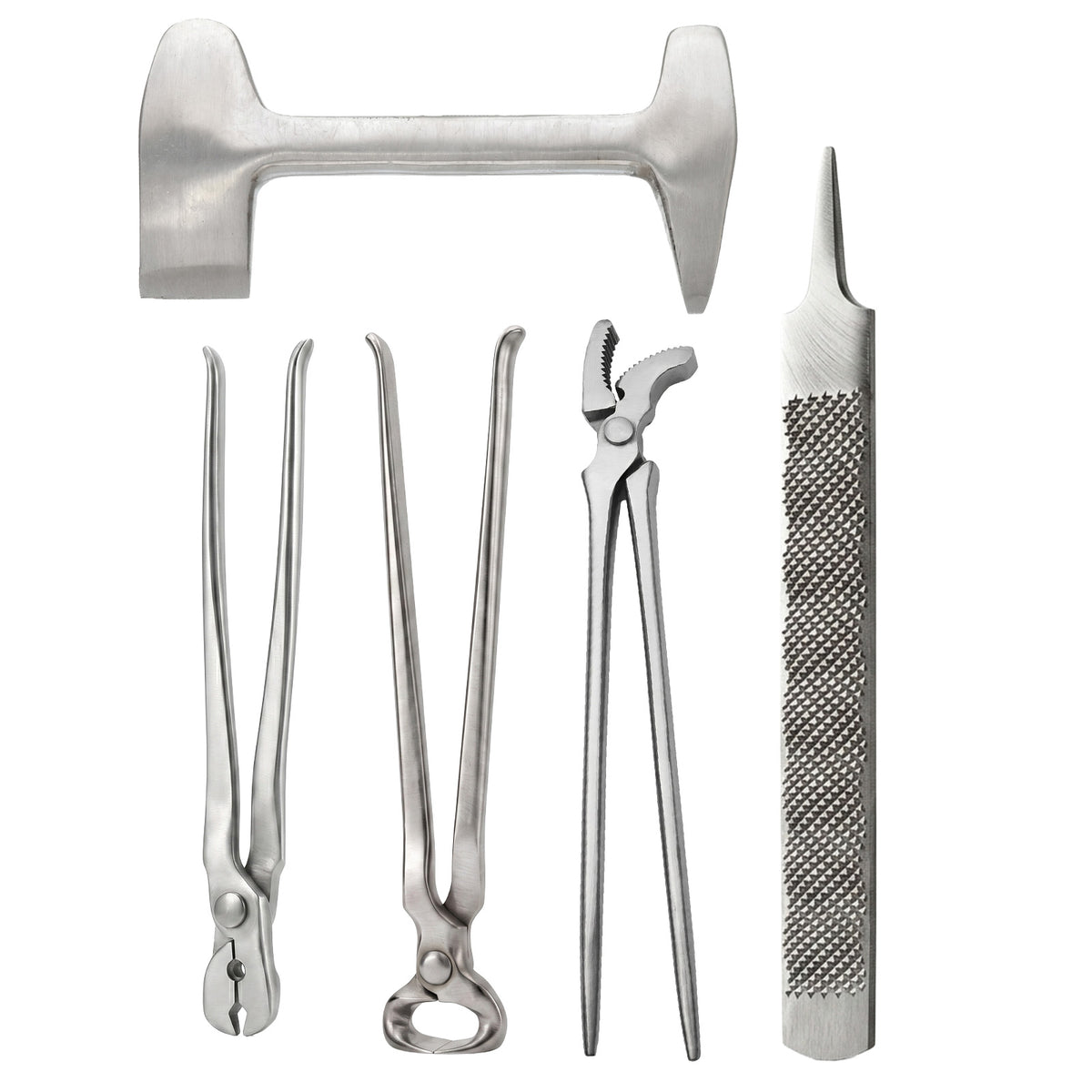 5 piece farrier hoof trimming kit with nippers, nail puller, clincher, clinch cutter and rasp