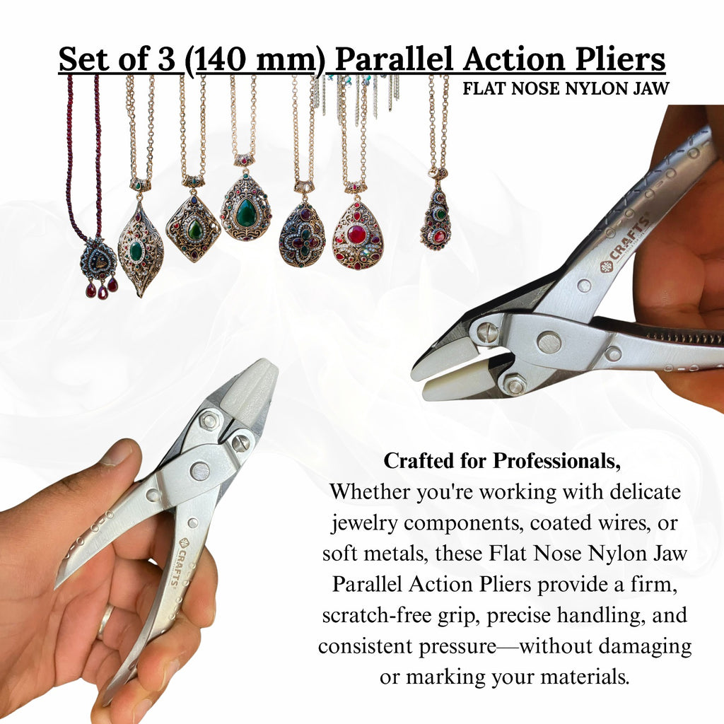 Three-piece flat nose pliers set, 140mm size, ideal for detailed jewelry crafts.


