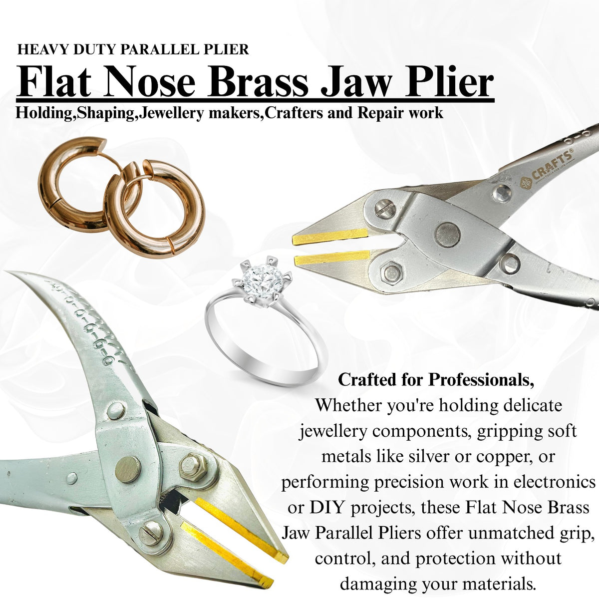 Flat nose parallel pliers with brass jaws for DIY jewelry crafting.

