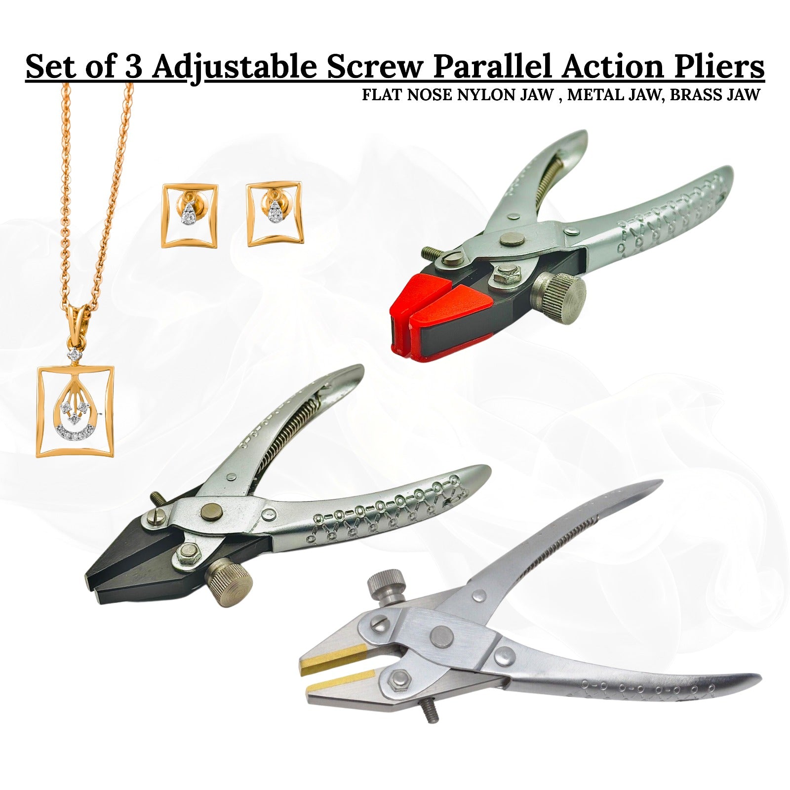 Flat nose parallel pliers with combined brass and nylon jaws for protection.

