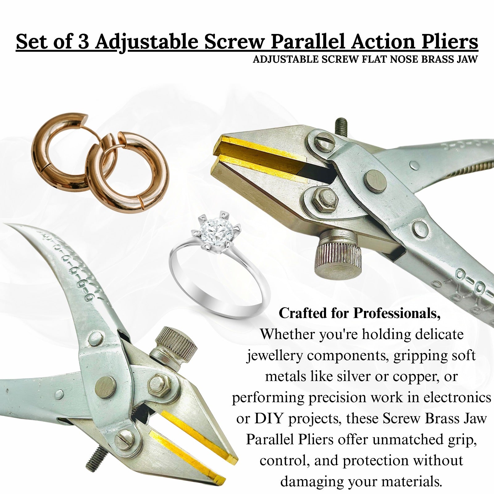 Jewelry tool: flat nose parallel pliers with adjustable stop and soft jaws.

