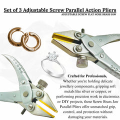 Jewelry tool: flat nose parallel pliers with adjustable stop and soft jaws.


