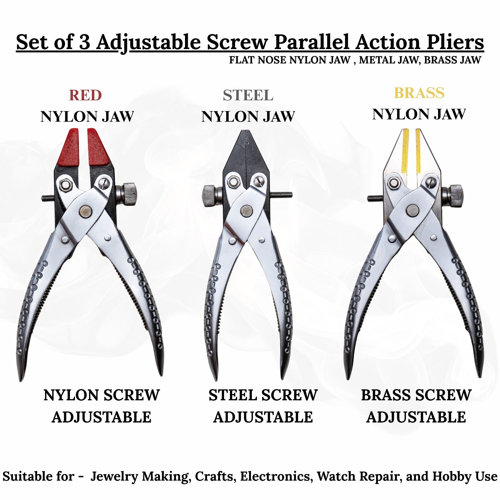 Flat nose parallel pliers with adjustable stop and smooth brass and nylon jaws.

