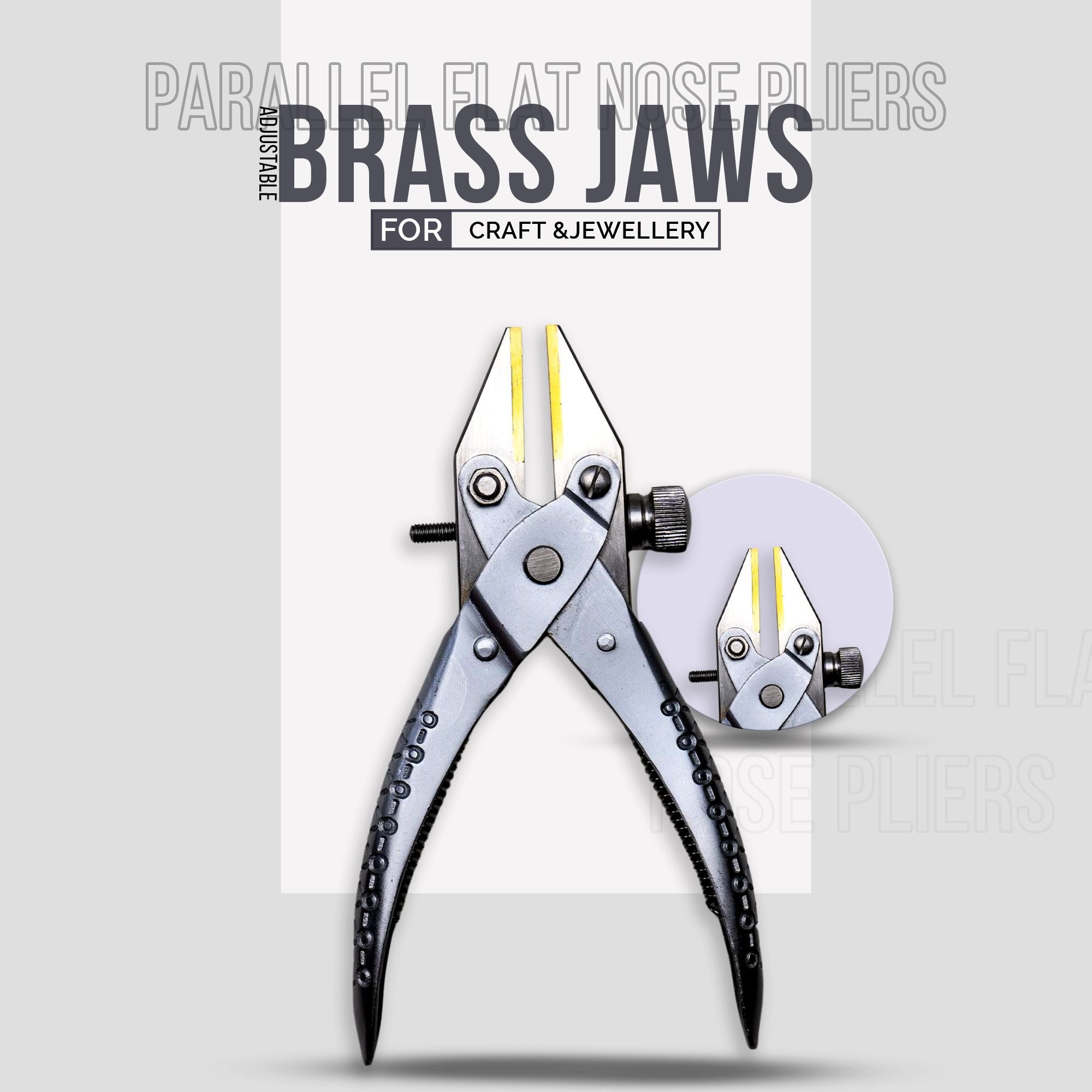 Flat nose pliers with adjustable screw and brass-lined jaws for crafting.

