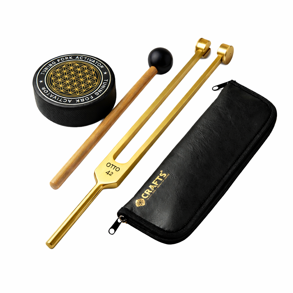 Gold 42 Hz Otto weighted tuning fork with tuning fork activator, wooden mallet and black zip carry case