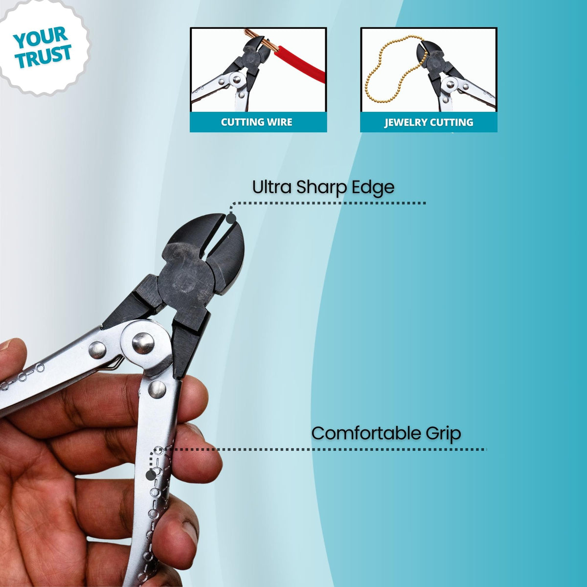 Heavy duty jewelry side cutter pliers with parallel action mechanism.

