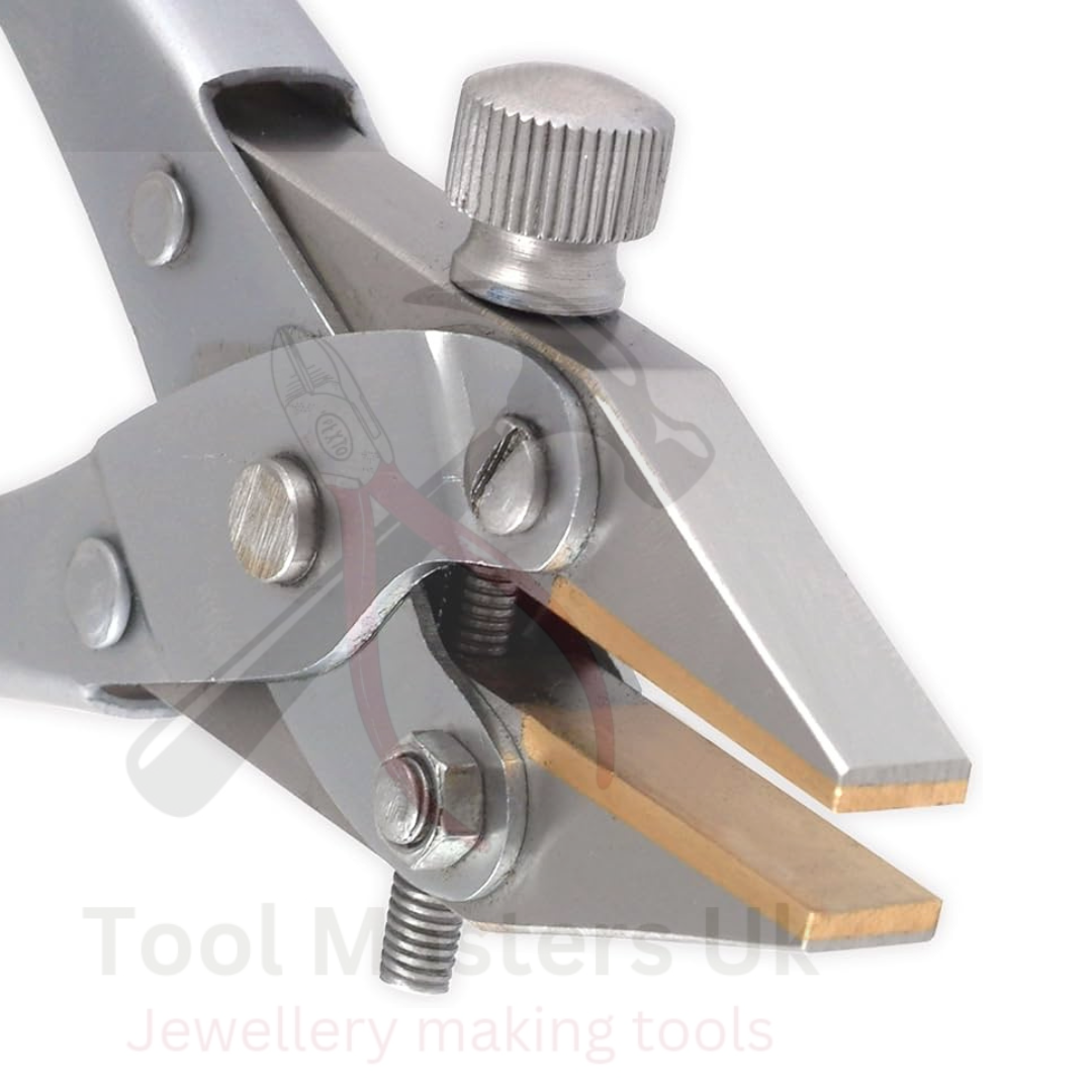 Adjustable parallel pliers with flat nose and brass-lined jaws.

