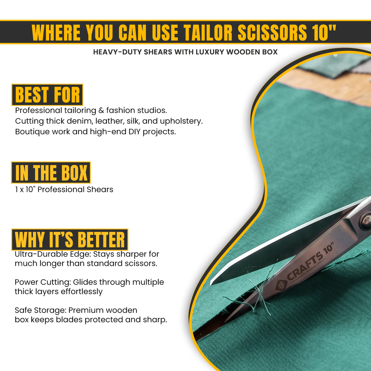 Ergonomic handle on 10 inch dressmaking shears