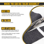 Ergonomic handle on 8 inch dressmaking shears