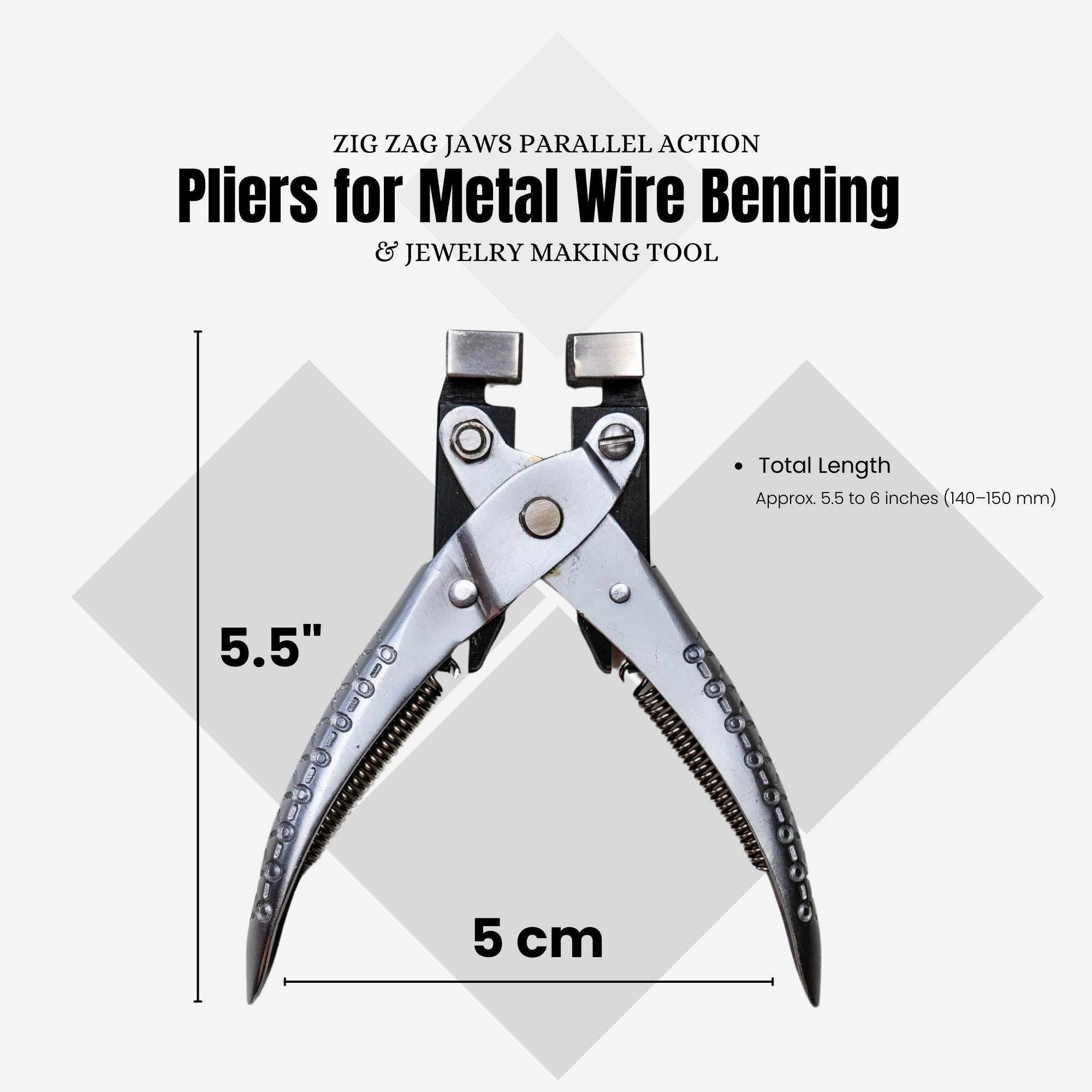Jewelry making pliers with zig-zag feature for wire and bracelet shaping.

