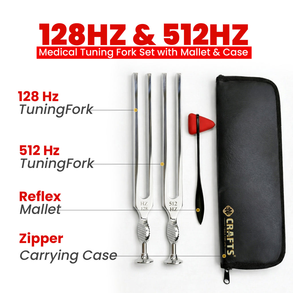 Medical tuning fork set 128 Hz and 512 Hz, Gardiner Brown brushed stainless steel, with case – image 2