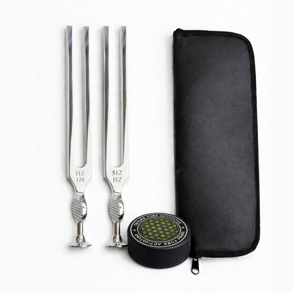 Medical tuning fork set 128 Hz and 512 Hz with case and activator – image 1