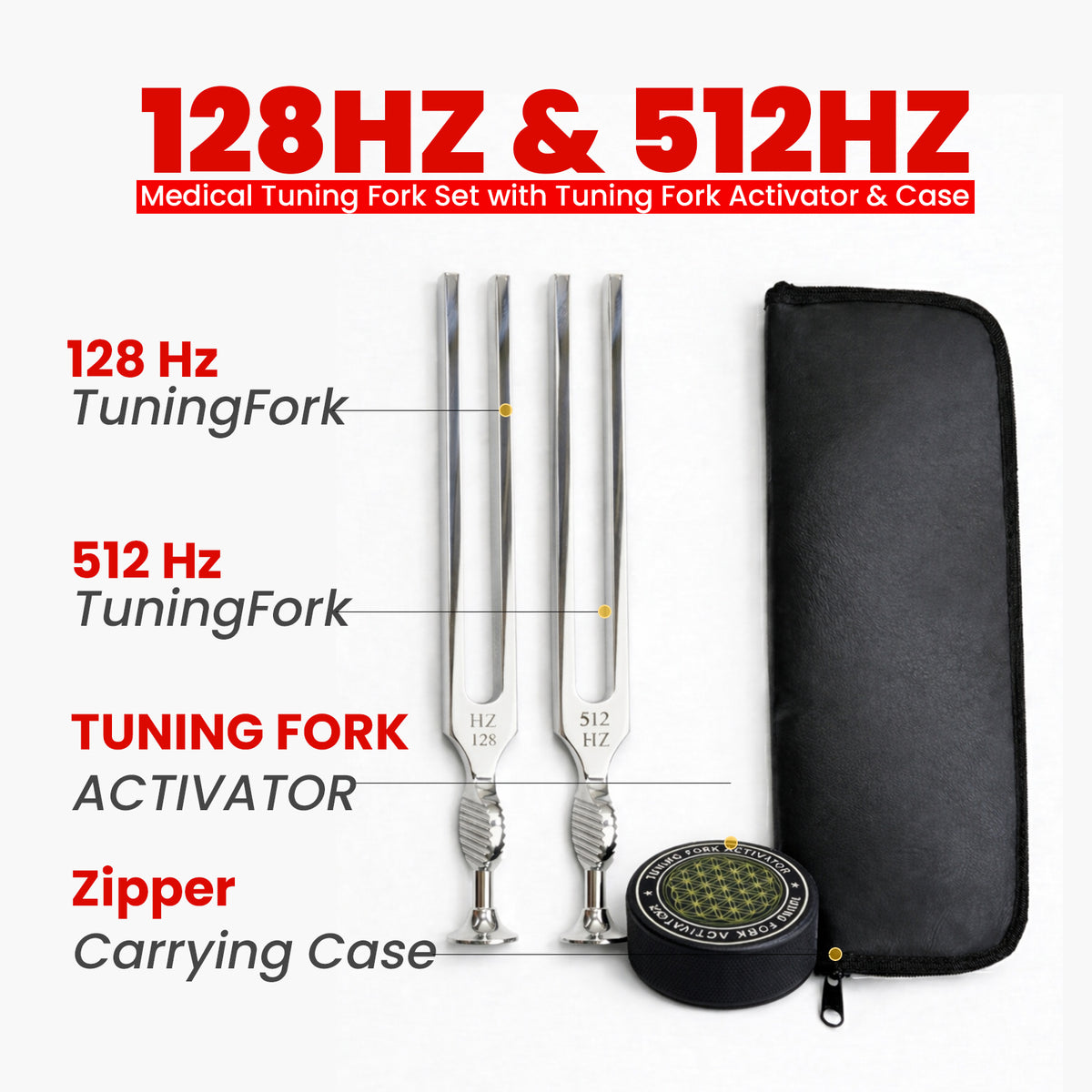 Medical tuning fork set 128 Hz and 512 Hz with case and activator – image 2