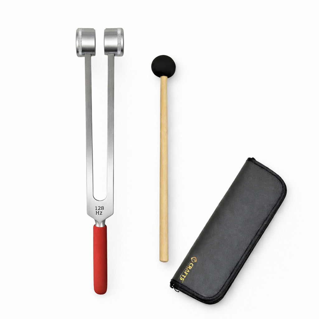 NS Crafts 128 Hz tuning fork with grip, mallet and leather pouch – image 1