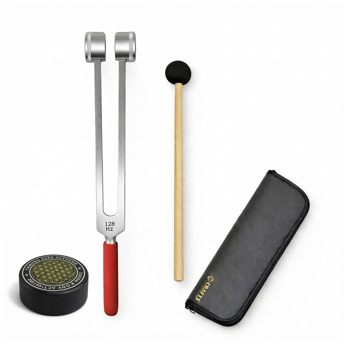 NS Crafts 128 Hz tuning fork with grip, activator, mallet and leather pouch