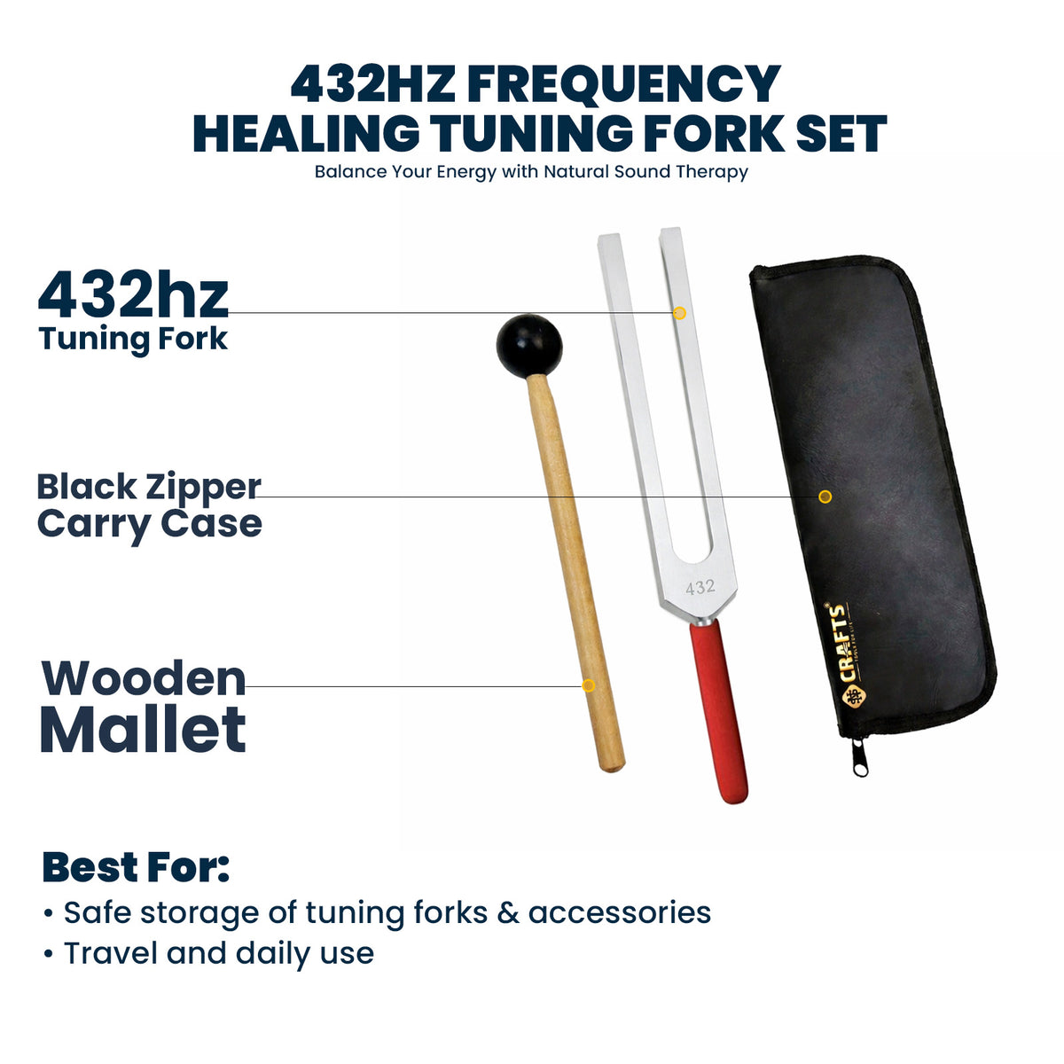 NS Crafts 432 Hz tuning fork with grip, mallet and pouch – image 2