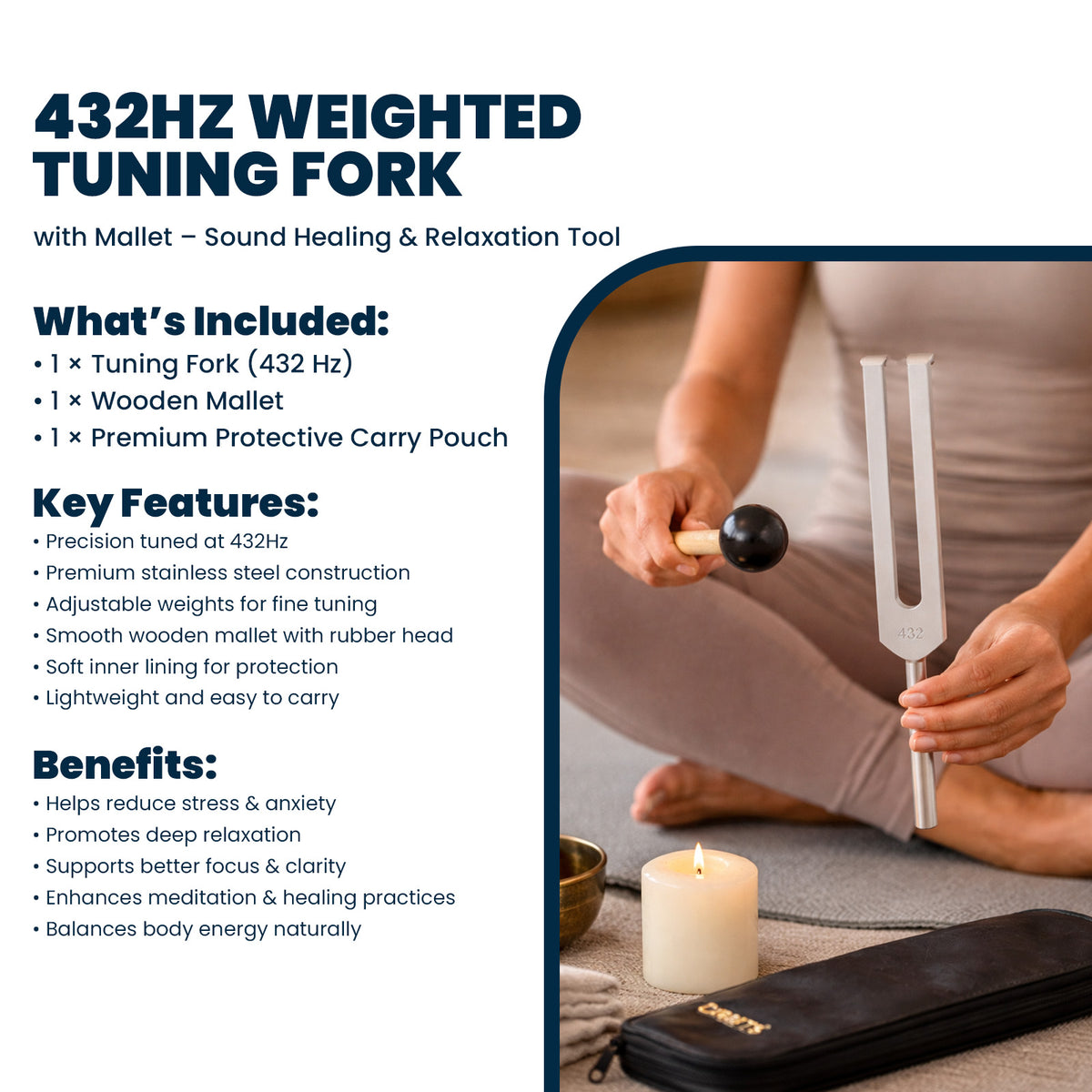 NS Crafts 432 Hz tuning fork with grip, mallet and pouch – image 3