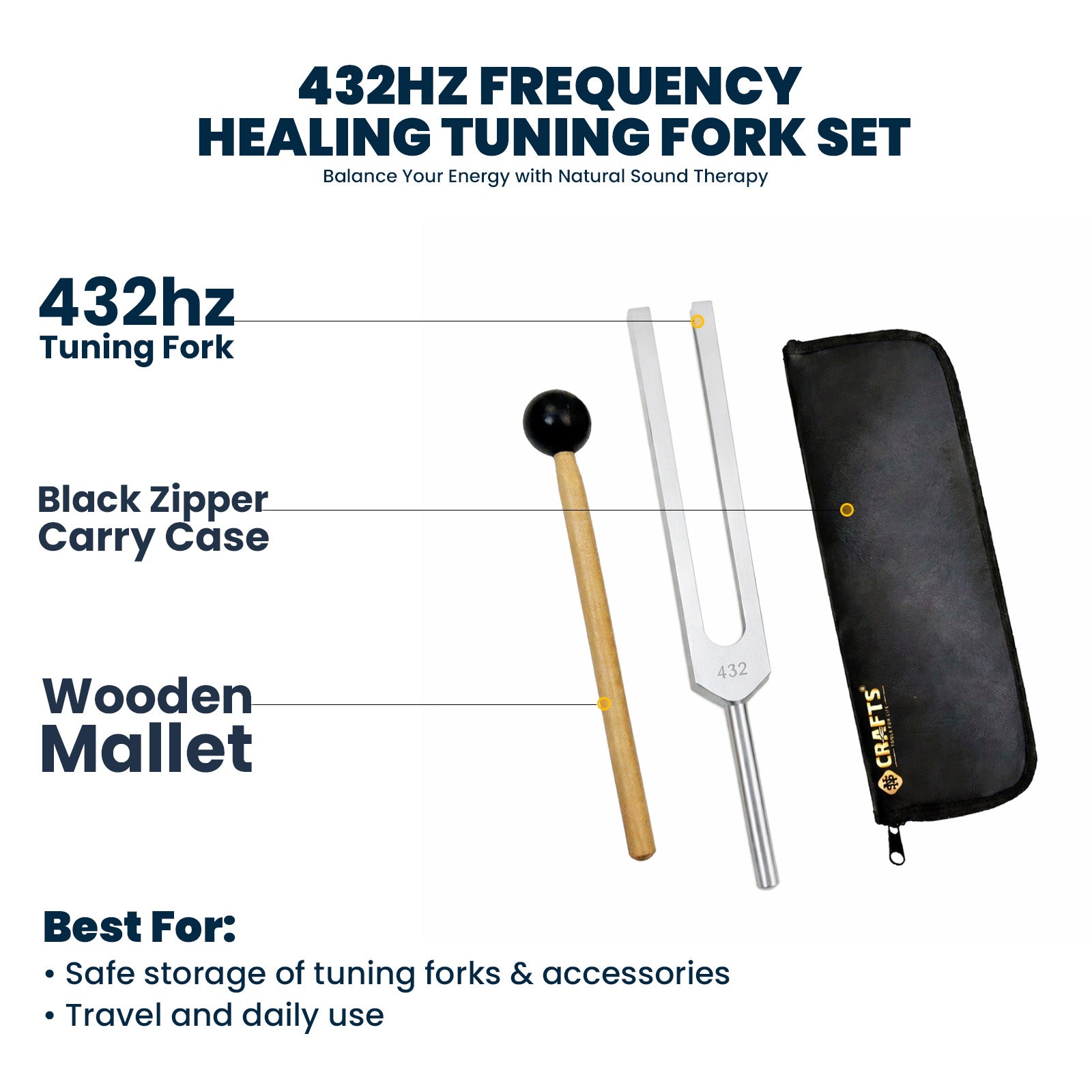 NS Crafts 432 Hz tuning fork with mallet and pouch – image 2