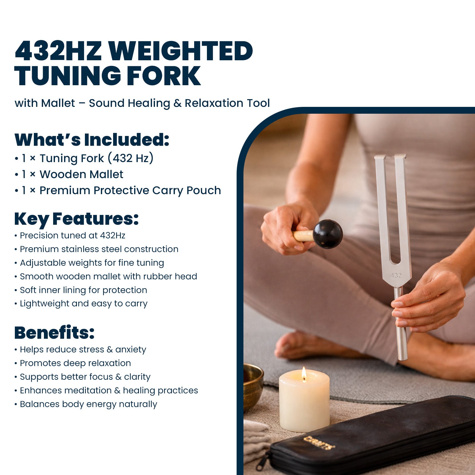 NS Crafts 432 Hz tuning fork with mallet and pouch – image 3