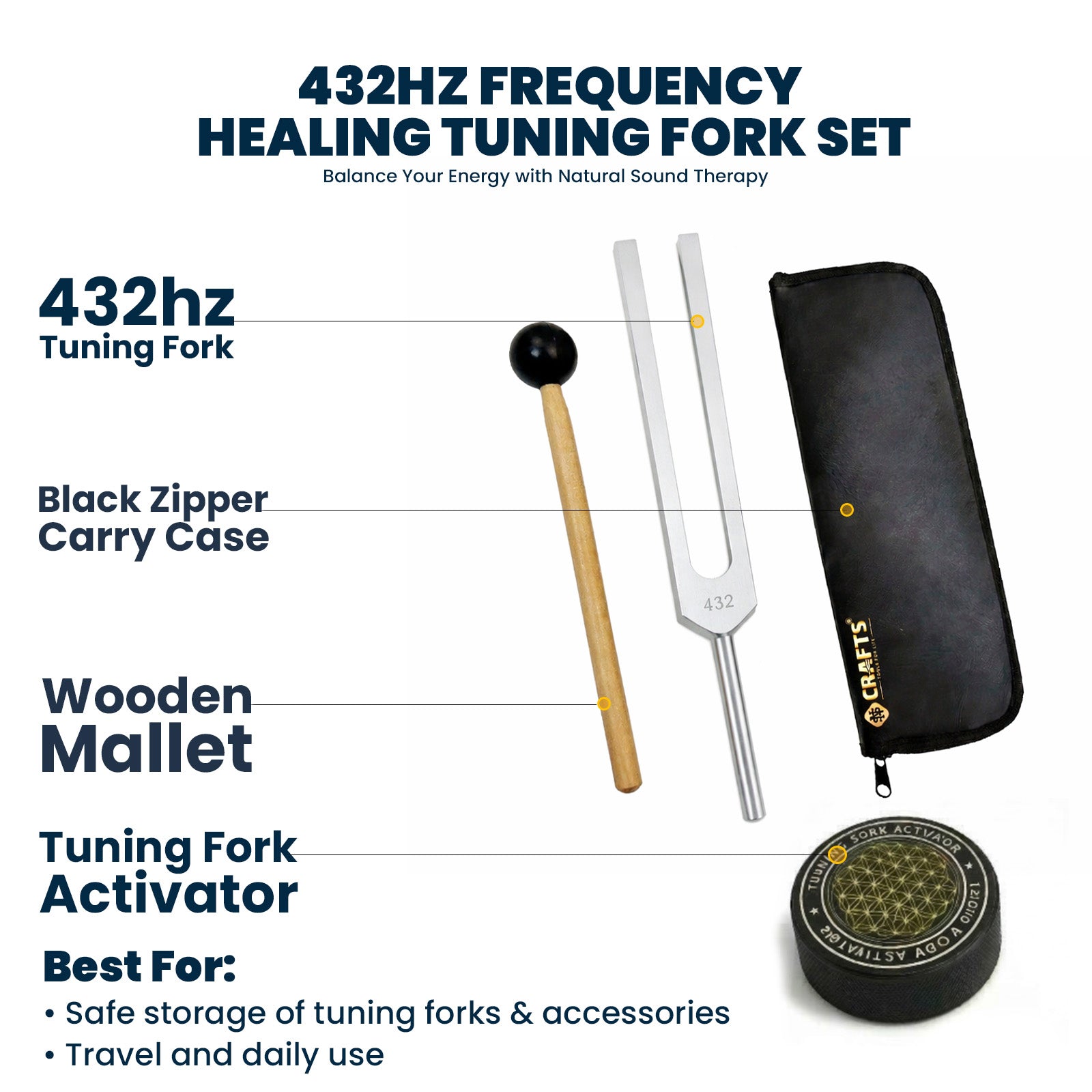 NS Crafts 432 Hz tuning fork with activator, mallet and pouch – image 2